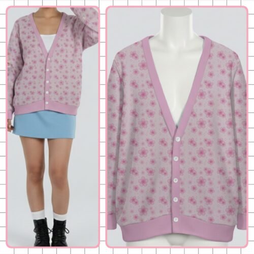 Pink Sakura Knit Cardigan – Pastel Floral, Cosy & Size-Inclusive (S–7XL)