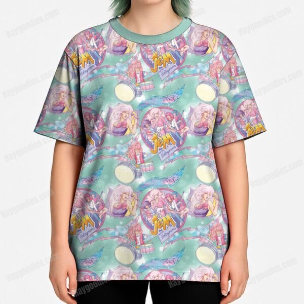 fwmodel-jem Jem and the Holograms Pattern T-Shirt – Retro 80s Cartoon | XS–7XL