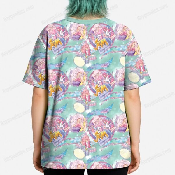 fwmodel-jem-bk Jem and the Holograms Pattern T-Shirt – Retro 80s Cartoon | XS–7XL