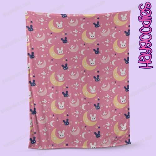 Kawaii Moon, Stars and Rabbit Pattern Soft Fleece Blanket-Various Sizes and Designs