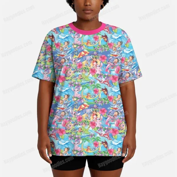 model-lilostitch-p Lilo & Stitch All-Over Pattern T-Shirt – Deep Pink Unisex Jersey (XS–7XL)