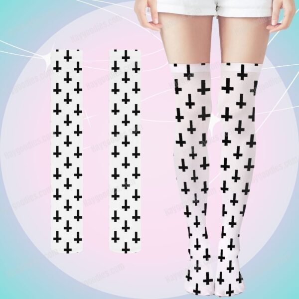 Crosses Trendy Long Over Knee Stockings-Black or White-2 Styles