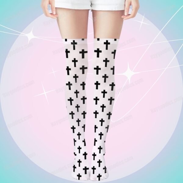 Crosses Trendy Long Over Knee Stockings-Black or White-2 Styles
