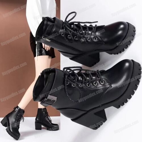 543270357 Black PU Lace-Up Buckle Martin Boots – Chunky Sole Boots for Women