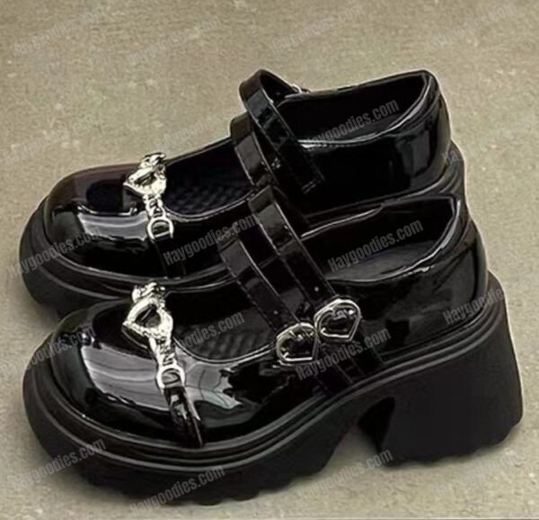 Heart Buckle Platform Mary Janes – Black Patent Chunky Lolita Shoes