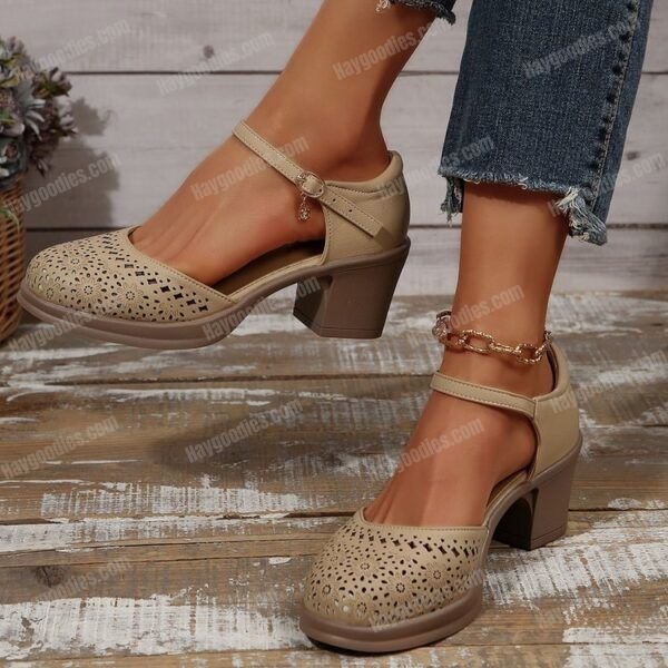 Retro Hollow Buckle Summer Heels