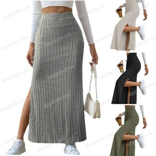 543537199 High-Waist Side-Slit Knitted Skirt – Slim Fit, Soft Stretch
