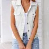 543513428 Raw Hem Sleeveless Denim Jacket-S to 5XL