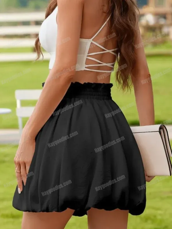 543537205 Frill Smocked Bubble Mini Skirt – Elastic Waist, Cute Silhouette