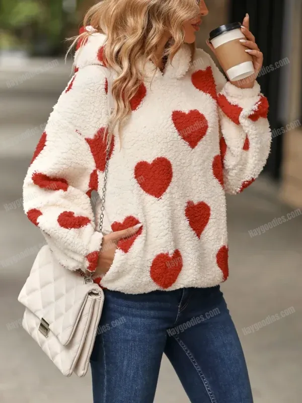543341567 Heart Pattern Fleece Hoodie