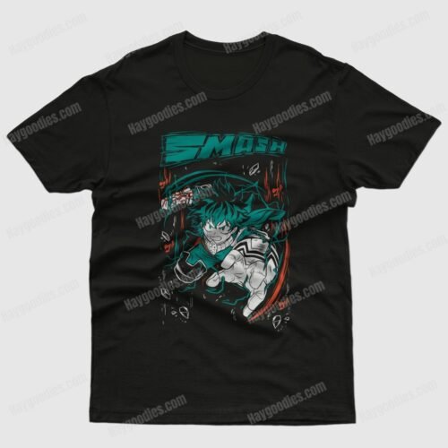 Black cotton unisex My Hero Academia T-shirt featuring a Midoriya Izuku (Deku) character design. Available in UK Kids and Adult sizes up to 5XL.