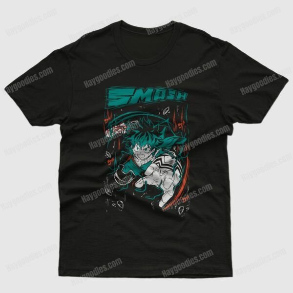 Black cotton unisex My Hero Academia T-shirt featuring a Midoriya Izuku (Deku) character design. Available in UK Kids and Adult sizes up to 5XL.