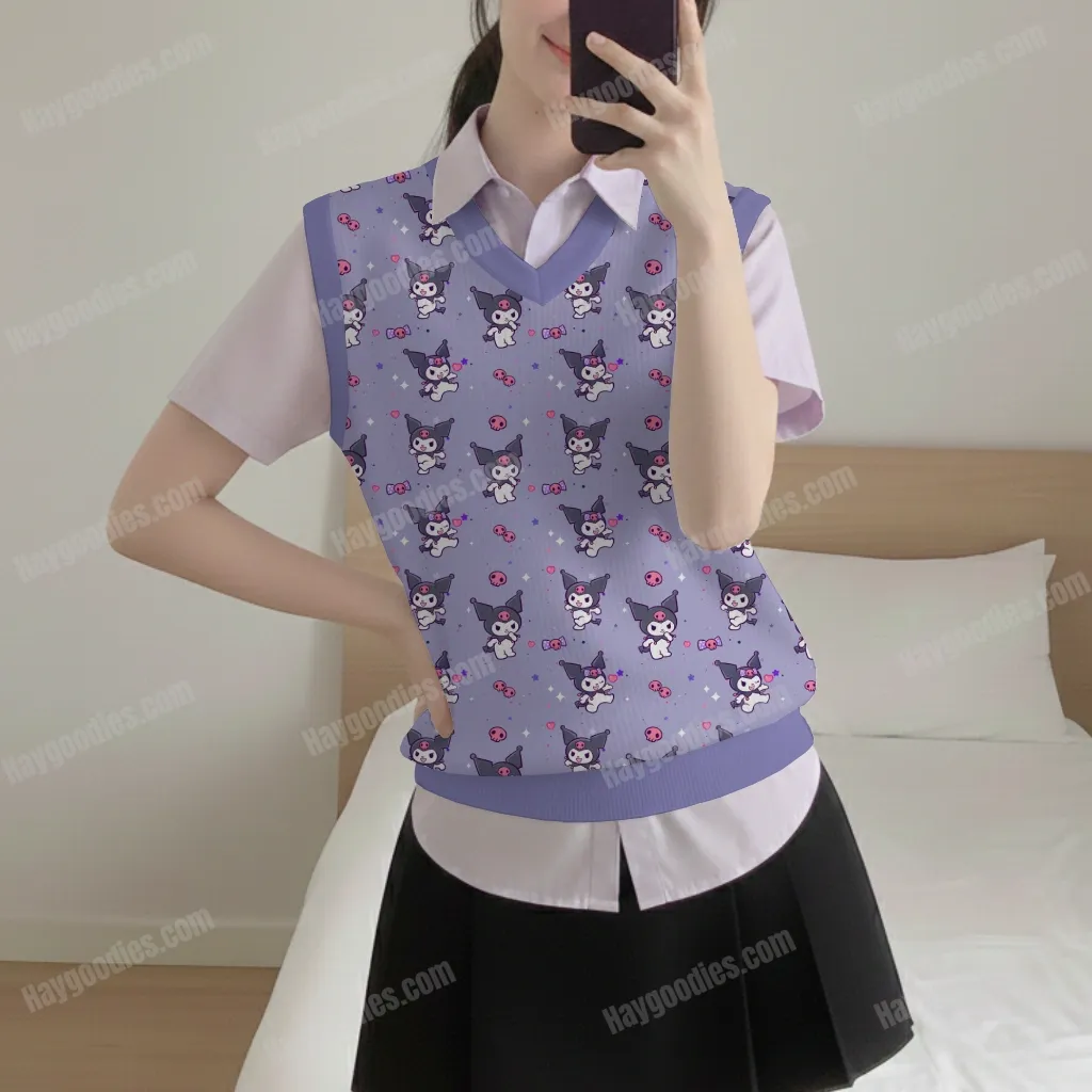 girlselfie-fr-knitvest2-kuromi Kuromi Purple Chunky Needle Knit Sweater Vest | Unisex Size S to 6XL
