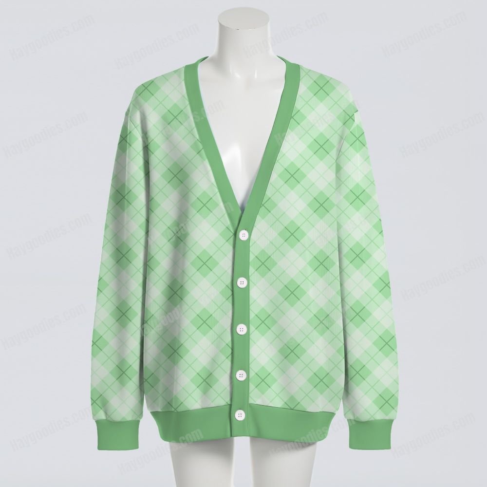 Pastel Green Argyle Diamond Pattern Knit Unisex Cardigan S–7XL