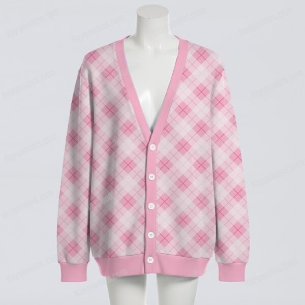 Pastel Pink Argyle Diamond Pattern Knit Unisex Cardigan S–7XL