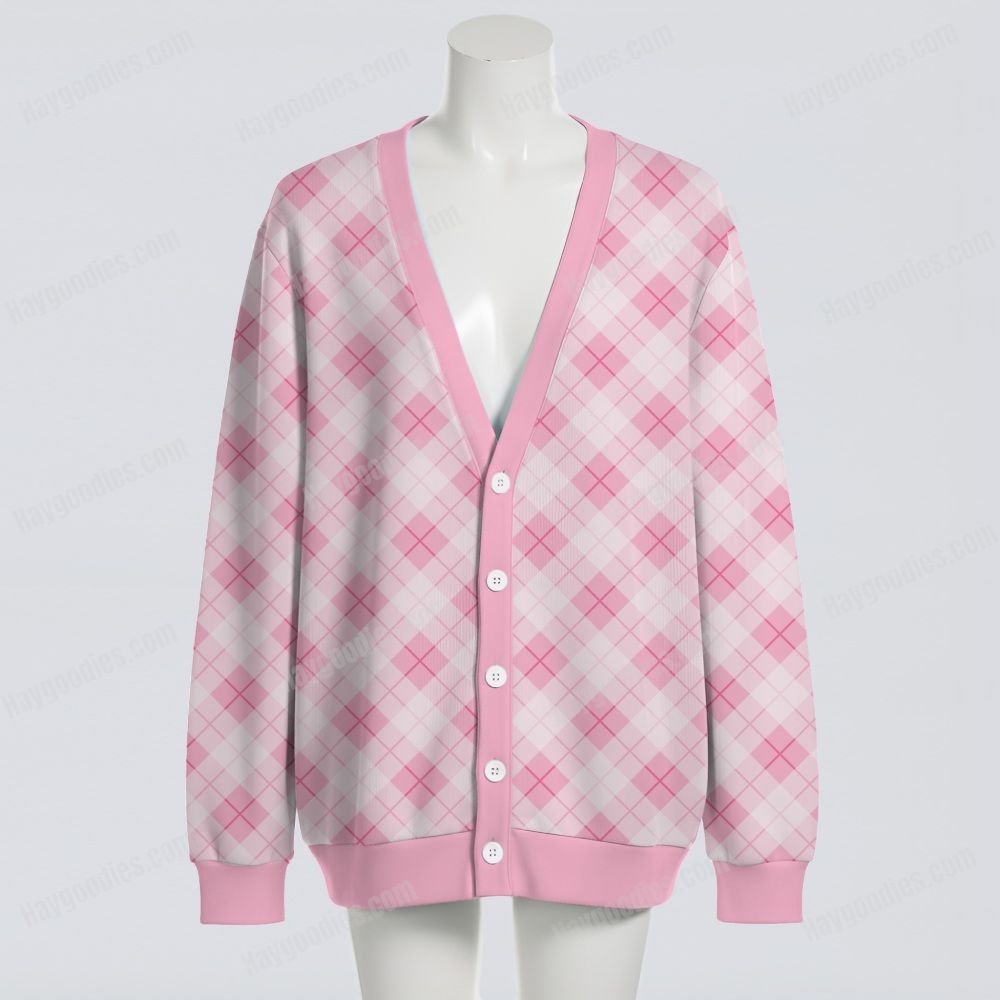 Pastel Pink Argyle Diamond Pattern Knit Unisex Cardigan S–7XL