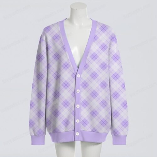 Pastel Purple Argyle Diamond Pattern Knit Unisex Cardigan S–7XL