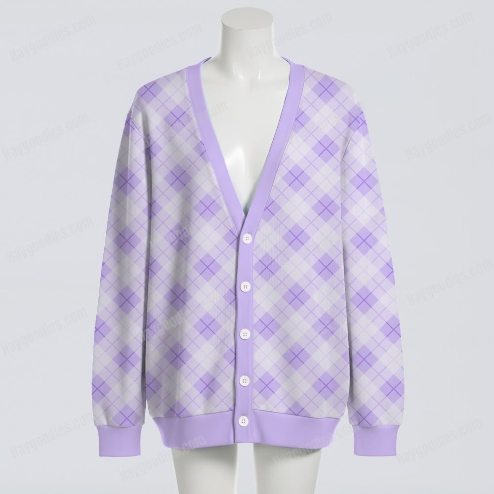 cardigan front purpleging Pastel Purple Argyle Diamond Pattern Knit Unisex Cardigan S–7XL