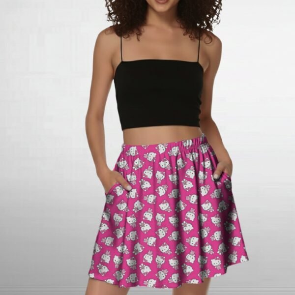skirt model hkpink Hello Kitty Pattern Skater Skirt with Pockets – Stretch A-Line Mini (UK 8–26)
